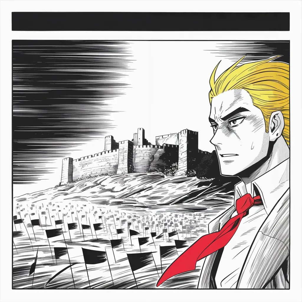 Manga panel 2 of 5, Week 81 “To My Many Enemies”: One shaft of sun breaks over the ancient walled city as foreign flags mass on the plain and Donarudo pledges loyalty.