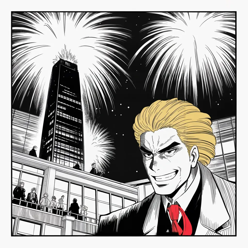 Manga panel 3 of 5, Week 81 “To My Many Enemies”: Fireworks burst over the tower at midnight as Donarudo toasts everyone, including the many enemies who lost so badly.