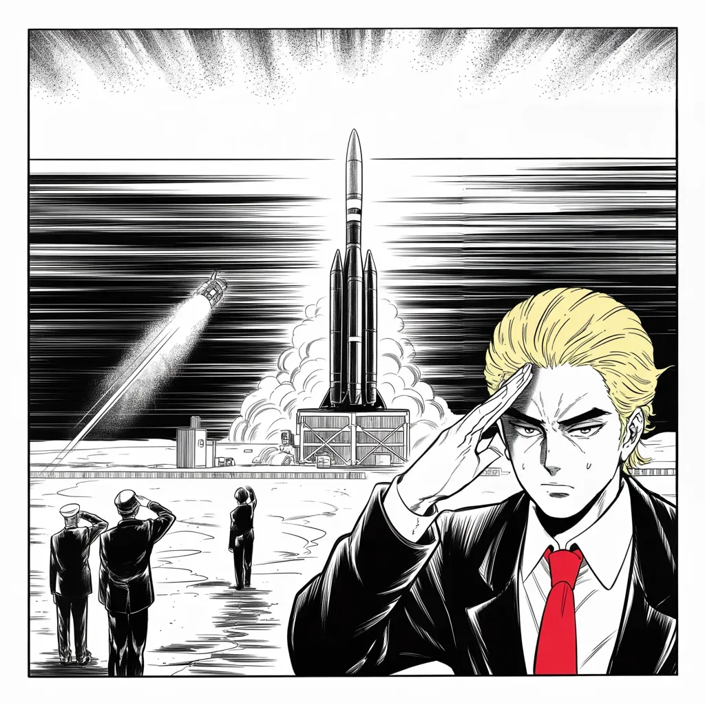 Manga panel 4 of 5, Week 81 “To My Many Enemies”: Across the sea a rocket stands wreathed in vapor at dawn, and Donarudo answers the hermit kingdom's boast: it won't happen.