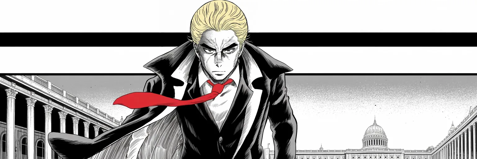 Manga panel 5 of 5, Week 81 “To My Many Enemies”: Coat billowing in the dawn wind, Donarudo strides down a colonnade toward the distant capitol dome as the new year opens.