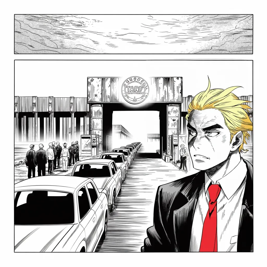 Manga panel 2 of 5, Week 82 “The Briefing”: An assembly line rolls toward an iron border tollgate as Donarudo warns the automaker: build in America or pay.