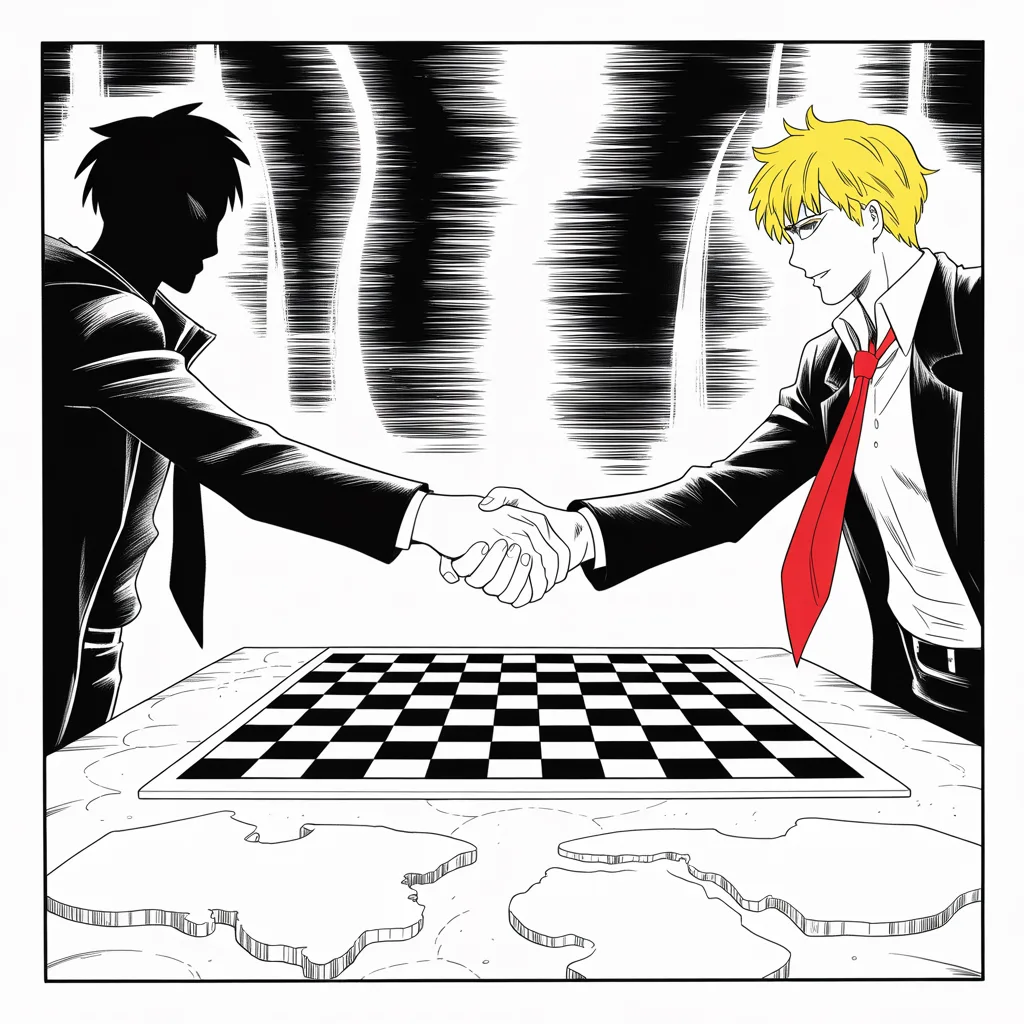 Manga panel 3 of 5, Week 82 “The Briefing”: Two long shadows shake hands across a chessboard of continents as Donarudo insists friendship with the east is wisdom.