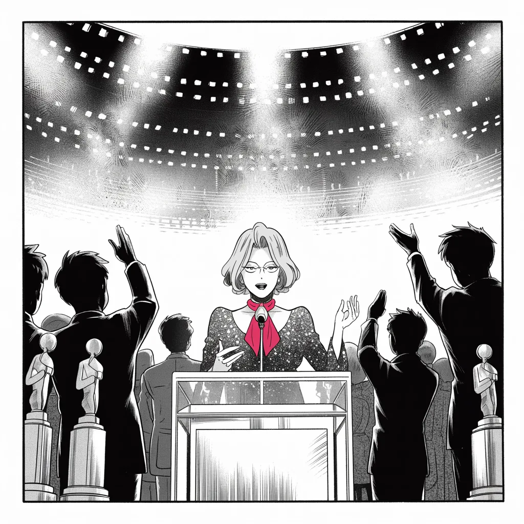 Manga panel 4 of 5, Week 82 “The Briefing”: A revered actress commands the awards stage, and from his tower Donarudo dismisses her as overrated and hostile.