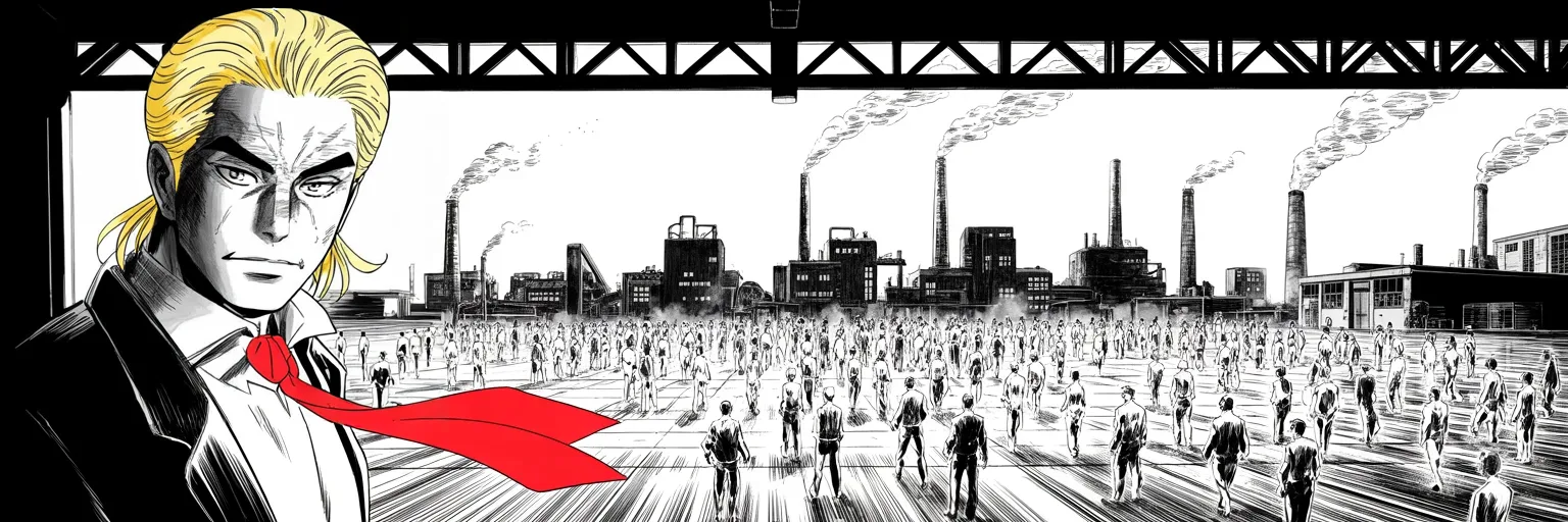 Manga panel 5 of 5, Week 82 “The Briefing”: Workers stream through reopening factory gates at dawn while Donarudo tallies billion-dollar pledges from a girder platform.