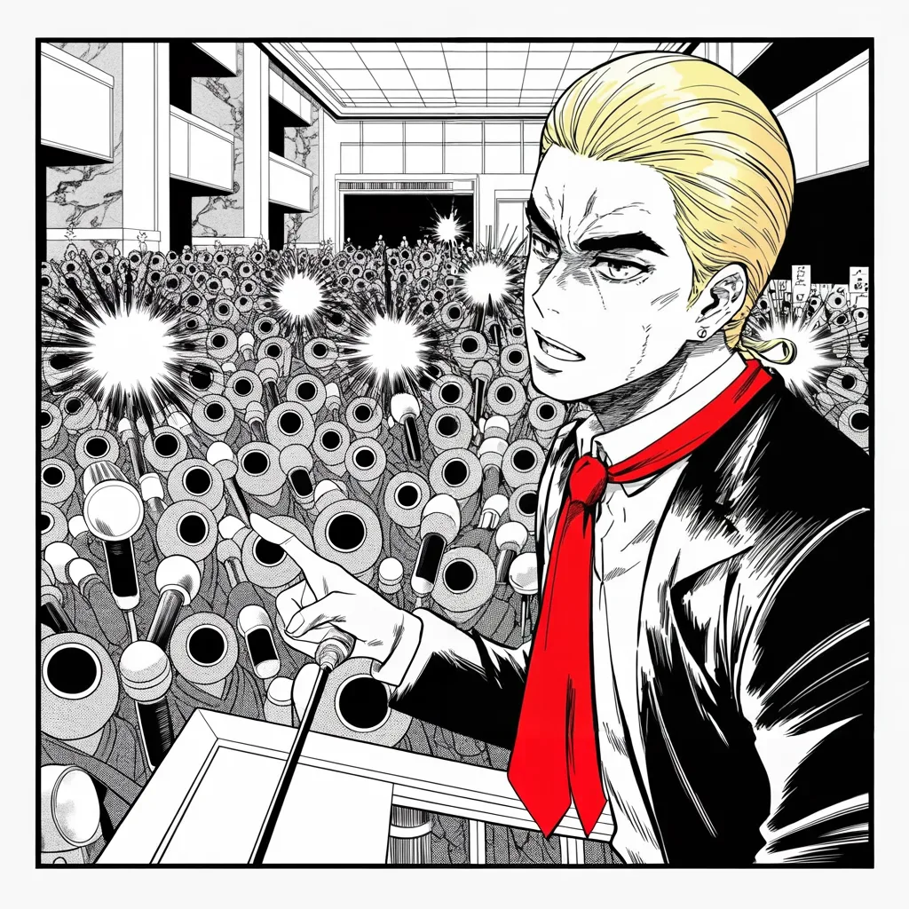 Manga panel 2 of 5, Week 83 “The Eve”: At a lobby lectern Donarudo jabs a finger at the camera-faced press pack, comparing the leaks to old tyrannies.