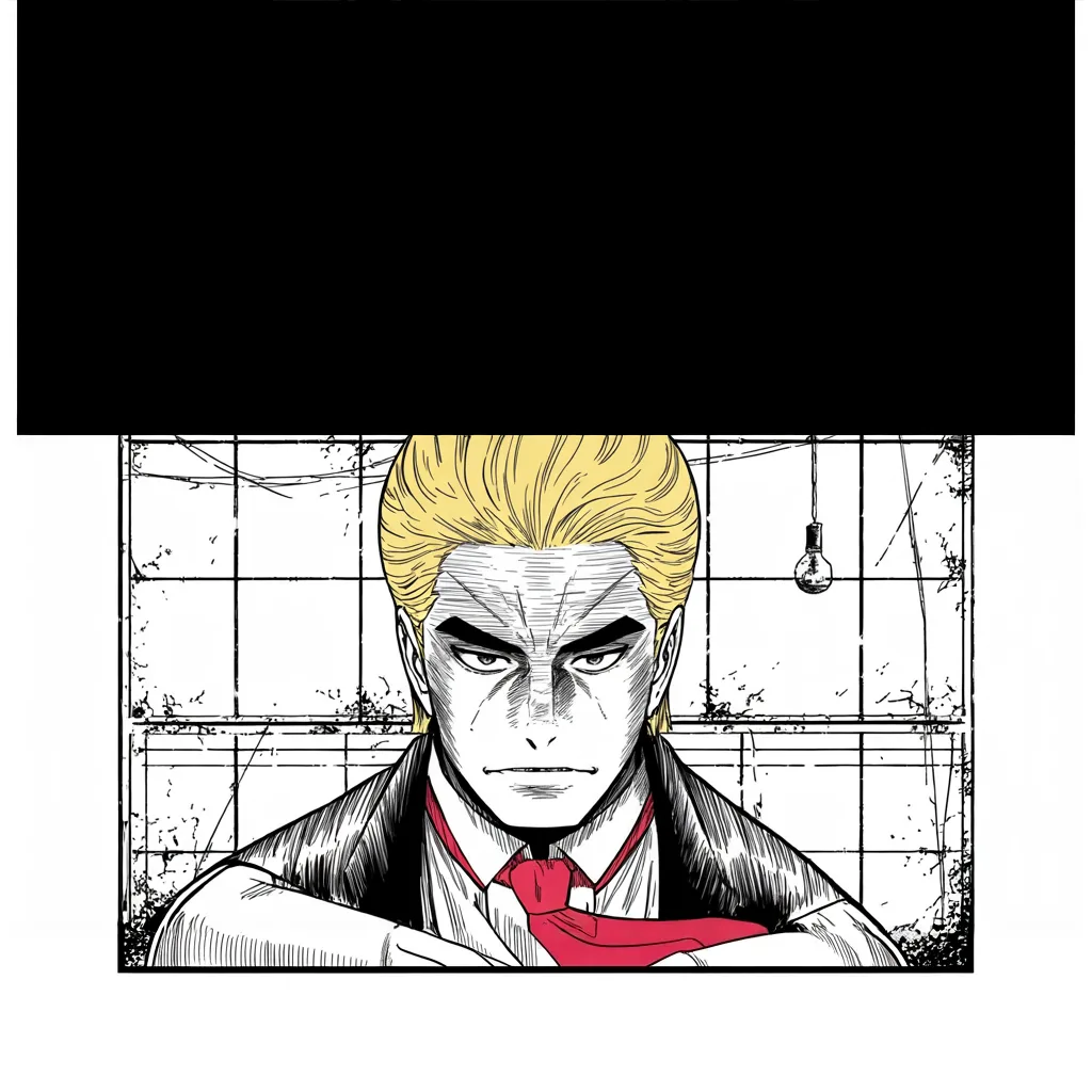 Manga panel 3 of 5, Week 83 “The Eve”: Arms crossed beneath a swinging bulb, Donarudo denies it all: no deals, no loans, nothing to do with Russia.