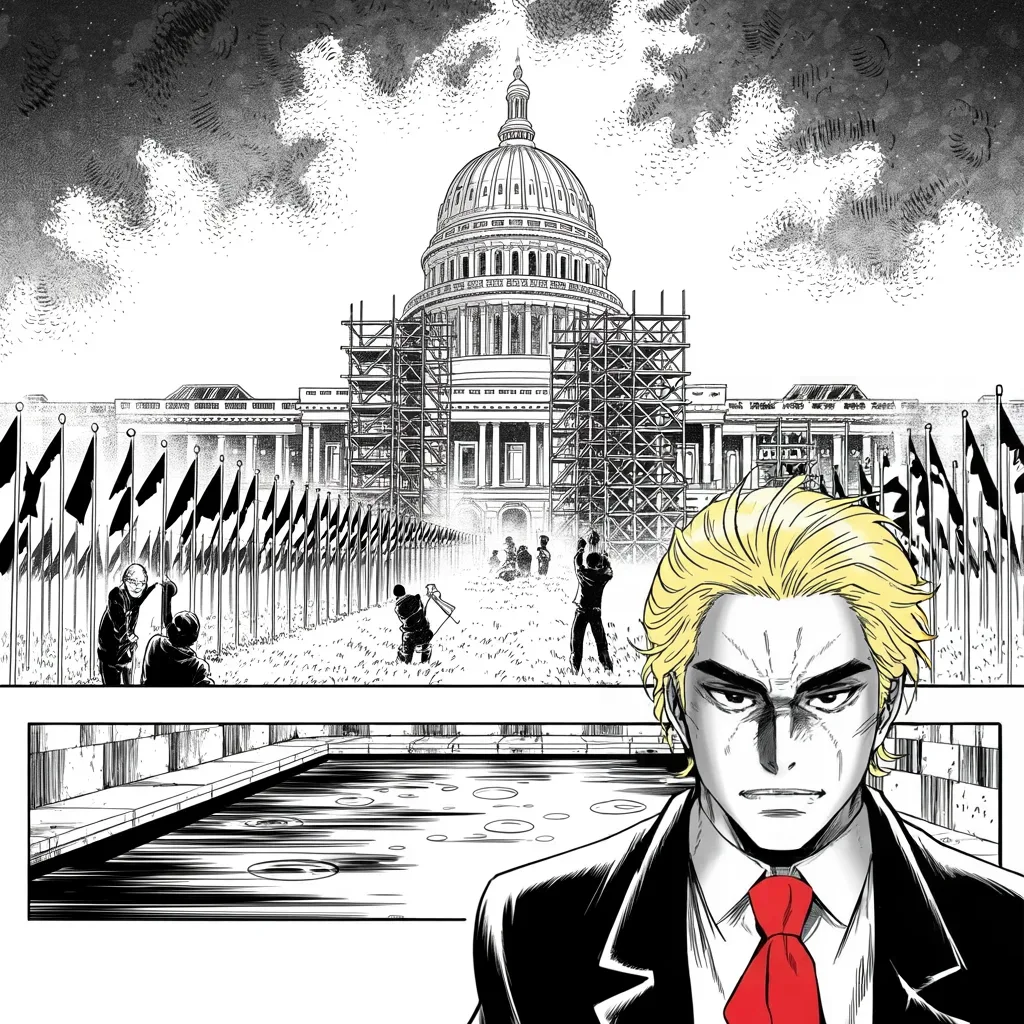 Manga panel 4 of 5, Week 83 “The Eve”: Grandstands and bunting rise on the capitol's west front as Donarudo promises an inauguration bigger than expected.