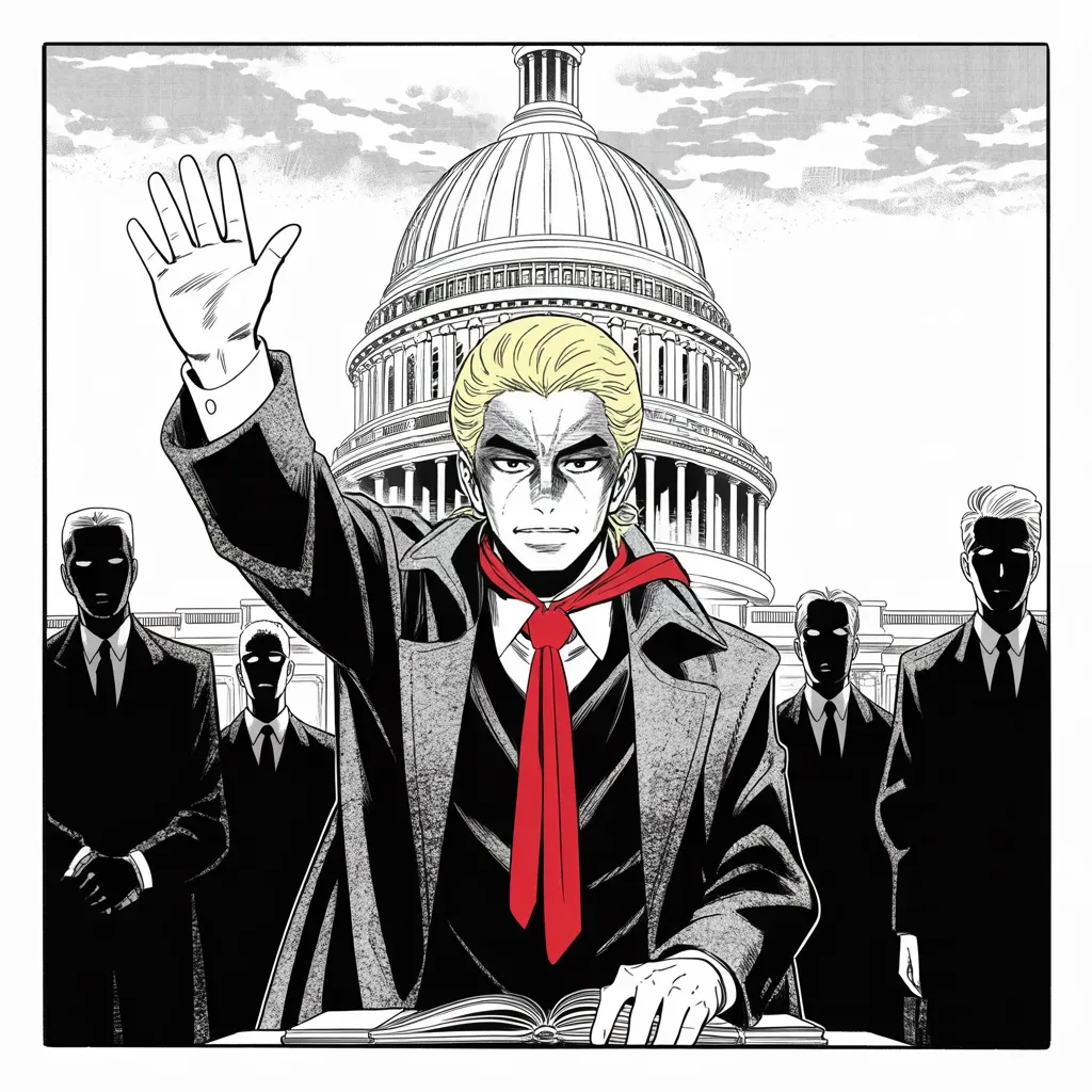 Manga panel 2 of 5, Week 84 “The Oath”: Before the marble dome Donarudo raises his right hand, his other hand on the book, and takes the oath of office.