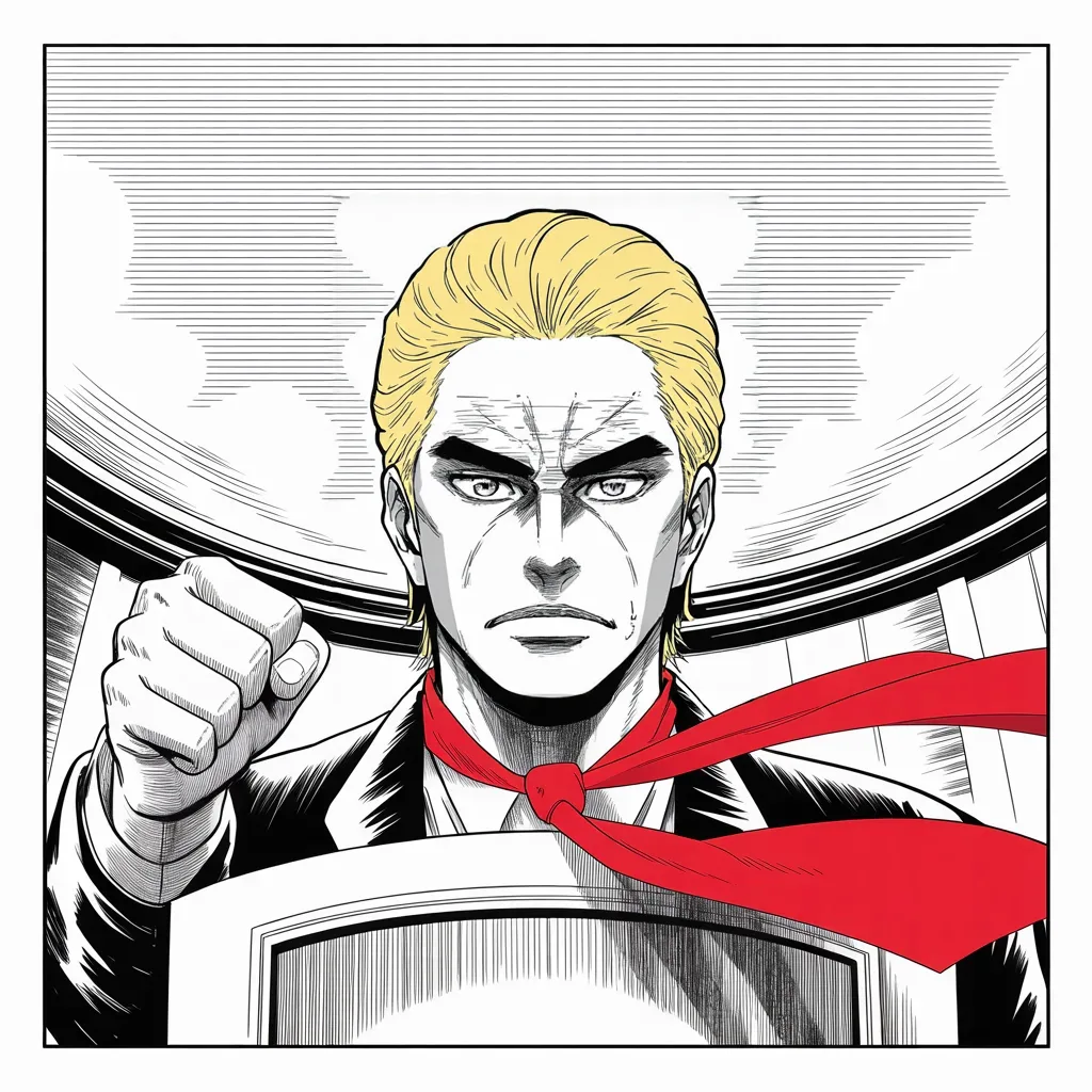 Manga panel 3 of 5, Week 84 “The Oath”: From the inaugural podium, fist raised, Donarudo declares that this day will be remembered as the day the people became the rulers again.