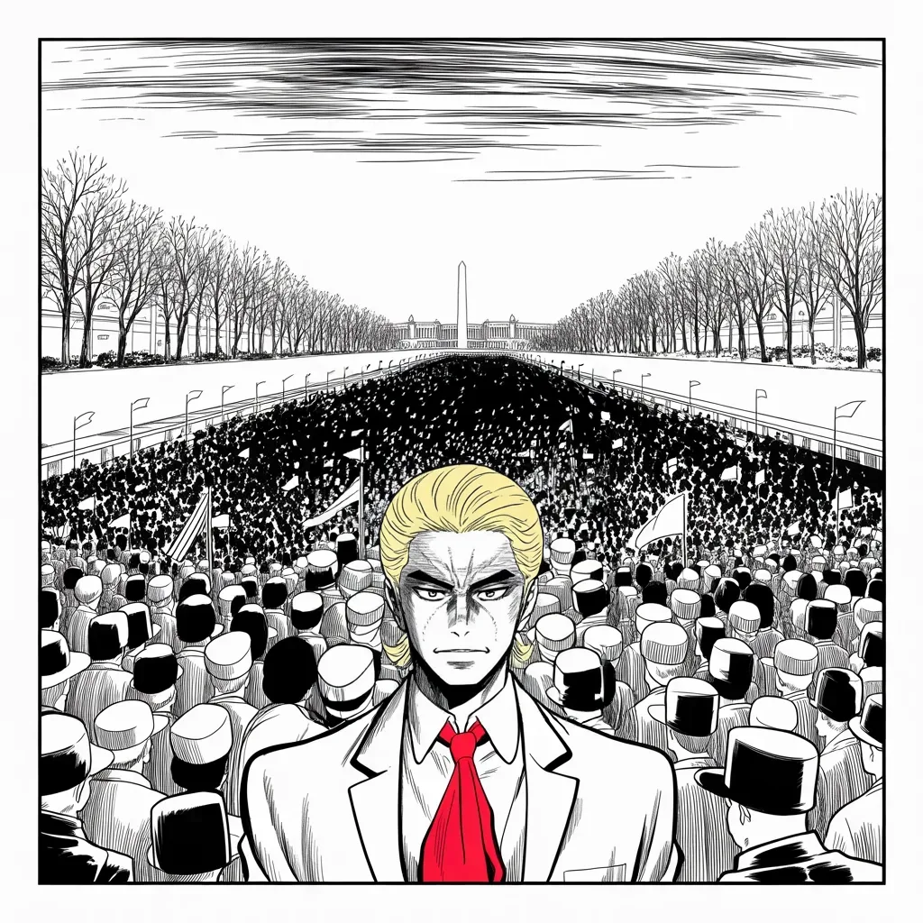 Manga panel 4 of 5, Week 84 “The Oath”: A sea of supporters stretches down the National Mall as Donarudo promises to bring back jobs, borders, wealth and dreams.