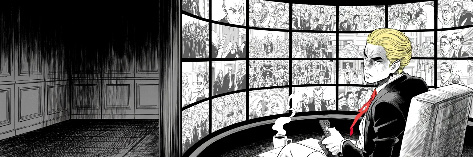 Manga panel 5 of 5, Week 84 “The Oath”: Two days after the oath Donarudo sits before a wall of glowing televisions replaying crowds and protest marches, disputing every number.