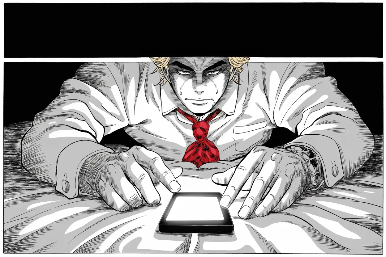 Manga panel 2 of 4, Week 85 “The Pen”: In the dark, by the glow of his phone, Donarudo announces a major investigation into voter fraud.