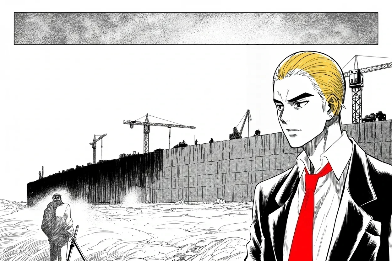 Manga panel 3 of 4, Week 85 “The Pen”: A colossal unfinished wall marches across the desert border as Donarudo declares that Mexico's advantage must end now.
