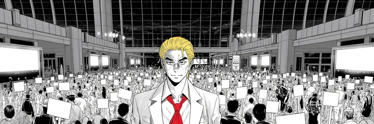 Manga panel 4 of 4, Week 85 “The Pen”: By Saturday night the airport terminals are full — crowds and lawyers at the gates as the travel ban takes hold and Donarudo demands extreme vetting.
