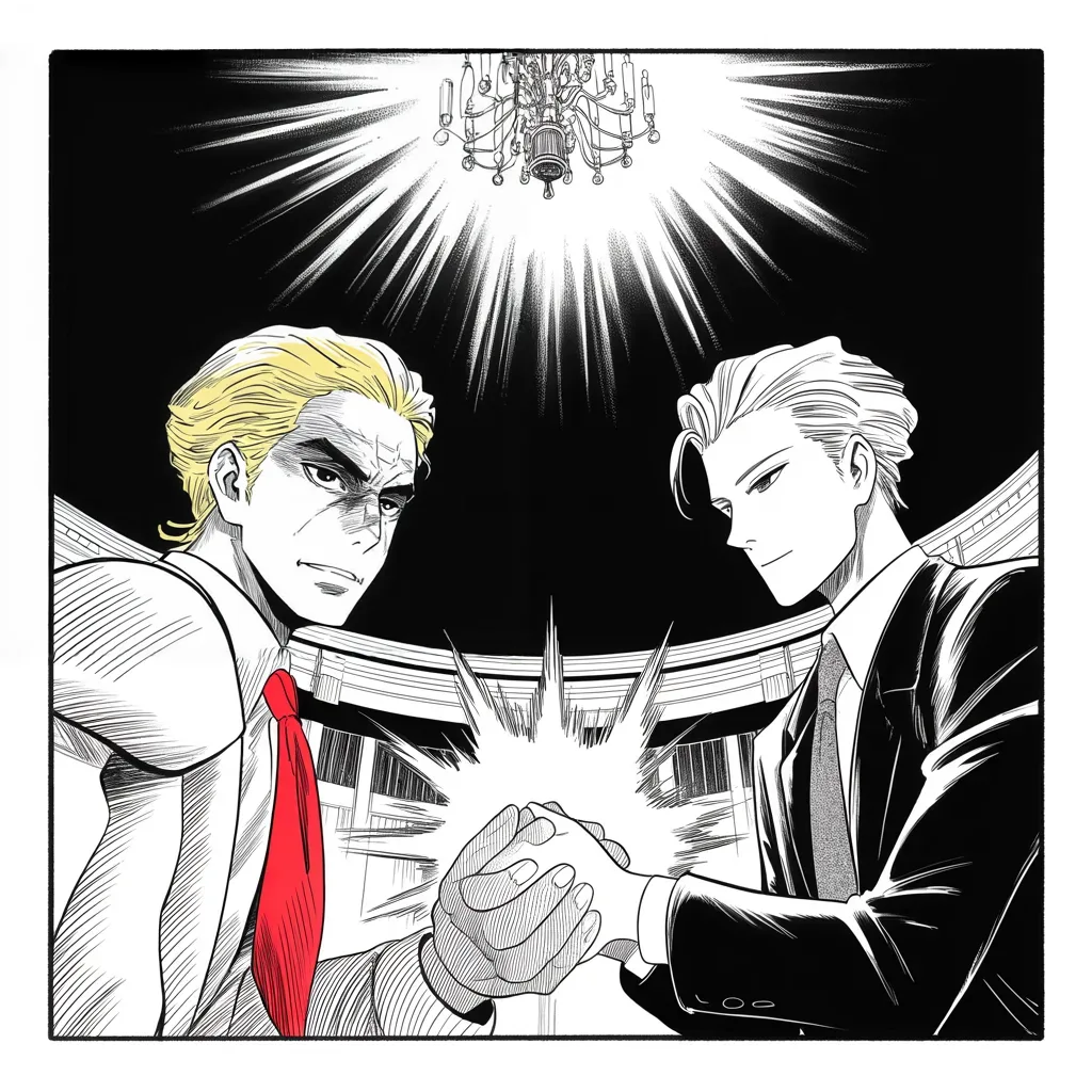 Manga panel 2 of 5, Week 86 “The So-Called Judge”: Under the chandeliers Donarudo presents his nominee, a calm silver-haired judge, to the bursting camera flashes.
