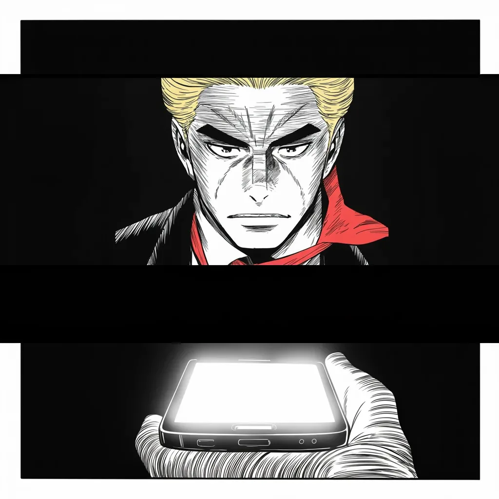 Manga panel 3 of 5, Week 86 “The So-Called Judge”: Lit from below by the phone's glow, Donarudo answers the uproar: call it what you want, it is about keeping bad people out.