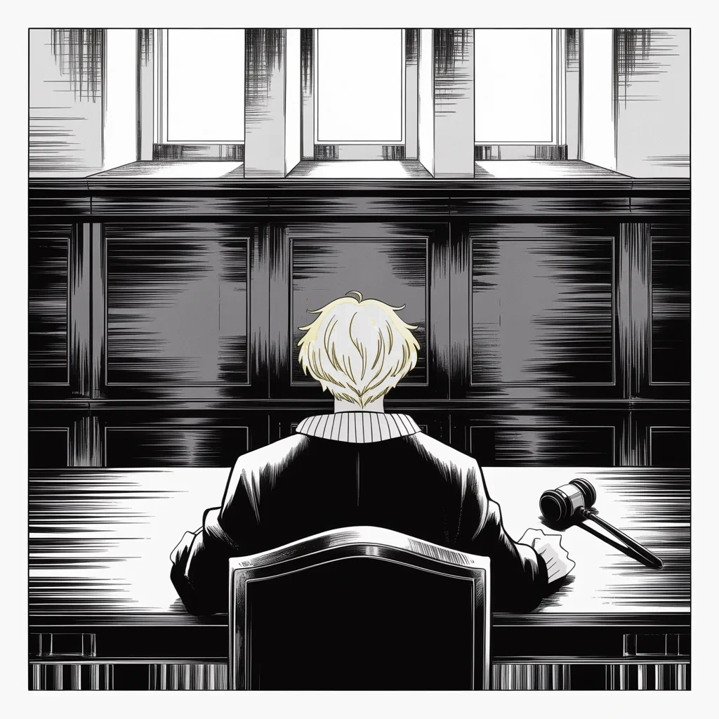 Manga panel 4 of 5, Week 86 “The So-Called Judge”: In a shadowed courtroom the robed judge who halted the ban sits with his back turned as Donarudo vows the ruling will be overturned.