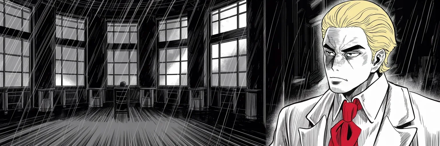 Manga panel 5 of 5, Week 86 “The So-Called Judge”: Alone at the rain-streaked Oval Office windows Donarudo broods in the dark as the courts leave his travel ban suspended.