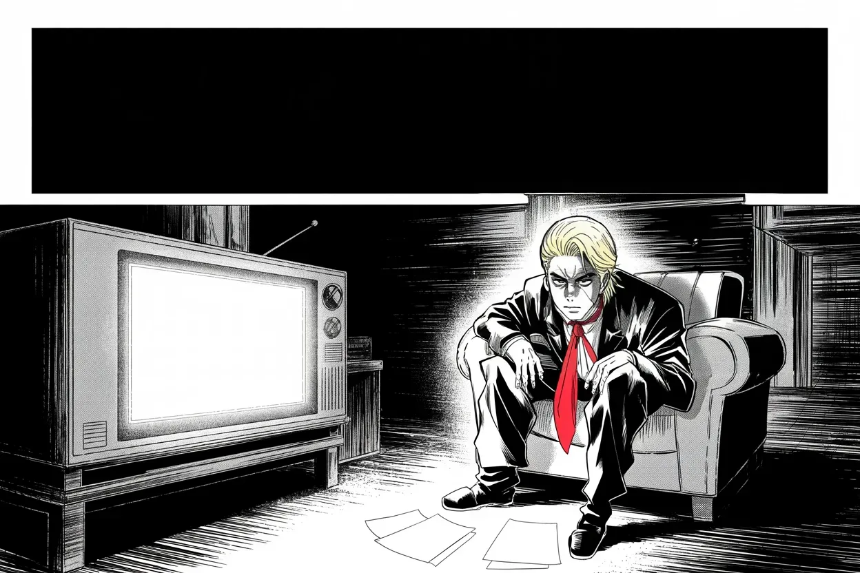 Manga panel 2 of 4, Week 87 “See You in Court”: By the cold flicker of a late-night television Donarudo reads the appeals court opinion and calls it a disgraceful decision.