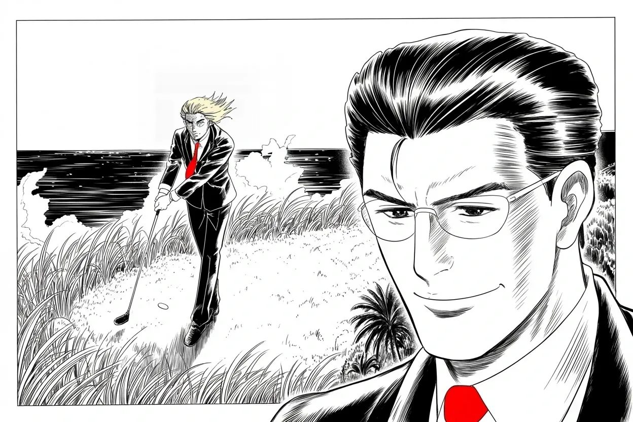 Manga panel 3 of 4, Week 87 “See You in Court”: On a sunlit oceanside fairway Donarudo golfs with the visiting Japanese prime minister, the war with the courts briefly far away.