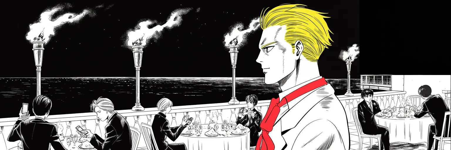 Manga panel 4 of 4, Week 87 “See You in Court”: At a torch-lit seaside dinner the court learns a missile has risen over the Sea of Japan — while in Washington the first general is caught in a lie.