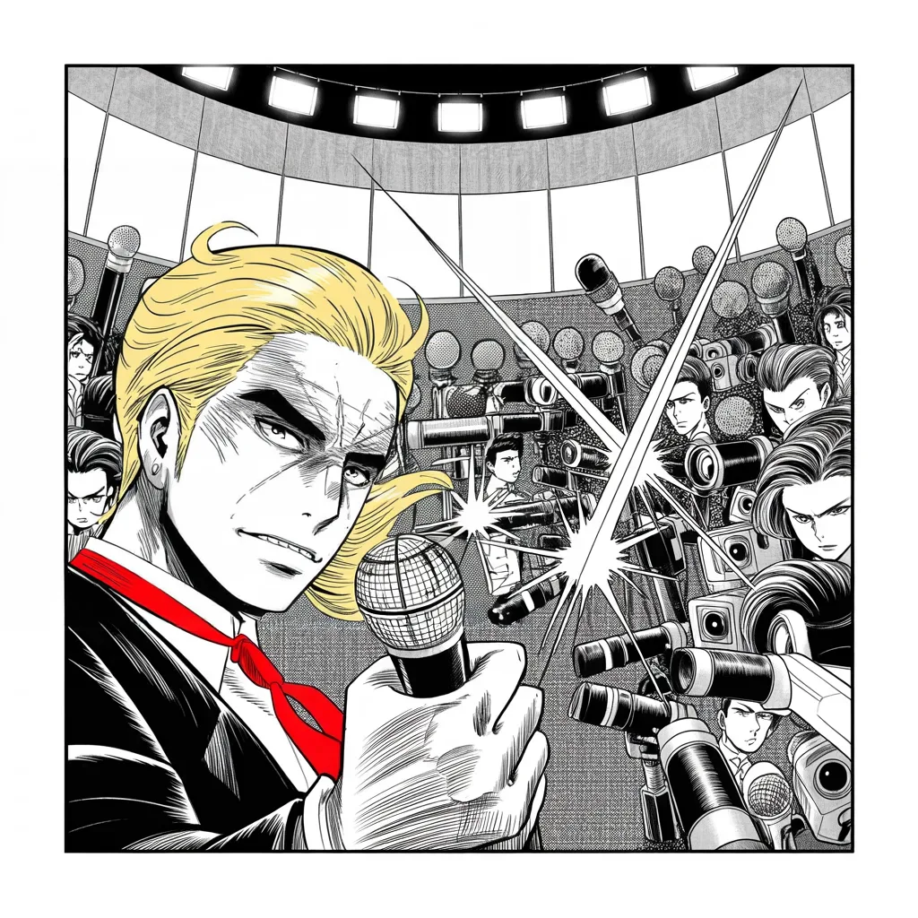 Manga panel 3 of 5, Week 88 “Enemy of the People”: Alone at the podium against a thicket of lenses and microphones, Donarudo insists the White House is running very well.