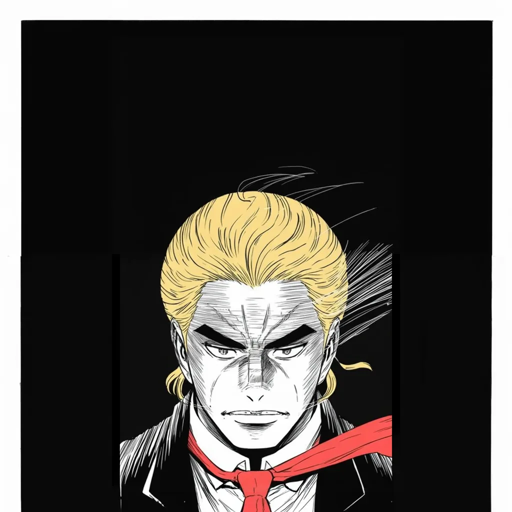 Manga panel 4 of 5, Week 88 “Enemy of the People”: Lit from below, mane blazing against the dark, Donarudo brands the press itself the enemy of the American people.