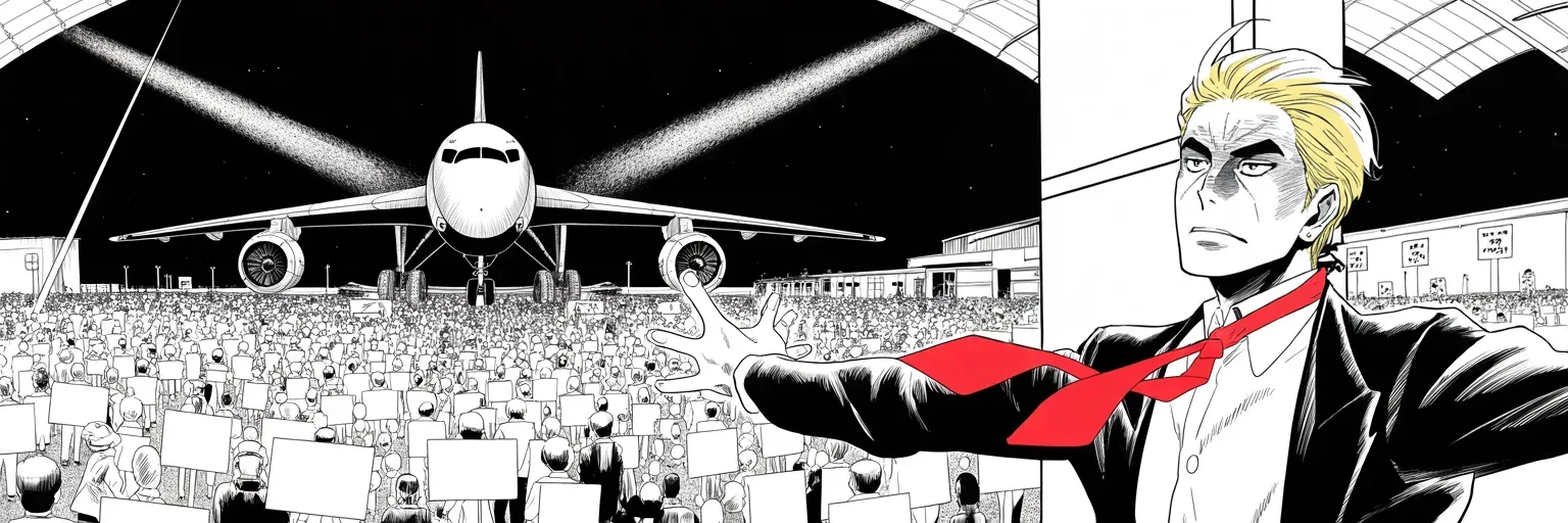 Manga panel 5 of 5, Week 88 “Enemy of the People”: Under hangar lights in Florida Donarudo spreads his arms before a roaring crowd of thousands, back on the stage where the siege lifts.
