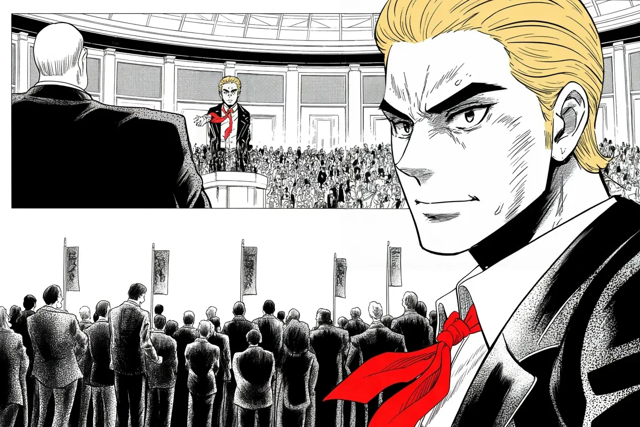 Manga panel 2 of 4, Week 89 “The Siege”: A ballroom crowd rises to its feet as Donarudo muses that his millions of voters should hold the biggest rally of them all.