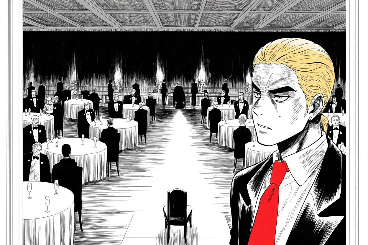 Manga panel 3 of 4, Week 89 “The Siege”: A single spotlit chair stands empty at the head table as Donarudo declines the press corps' annual dinner.