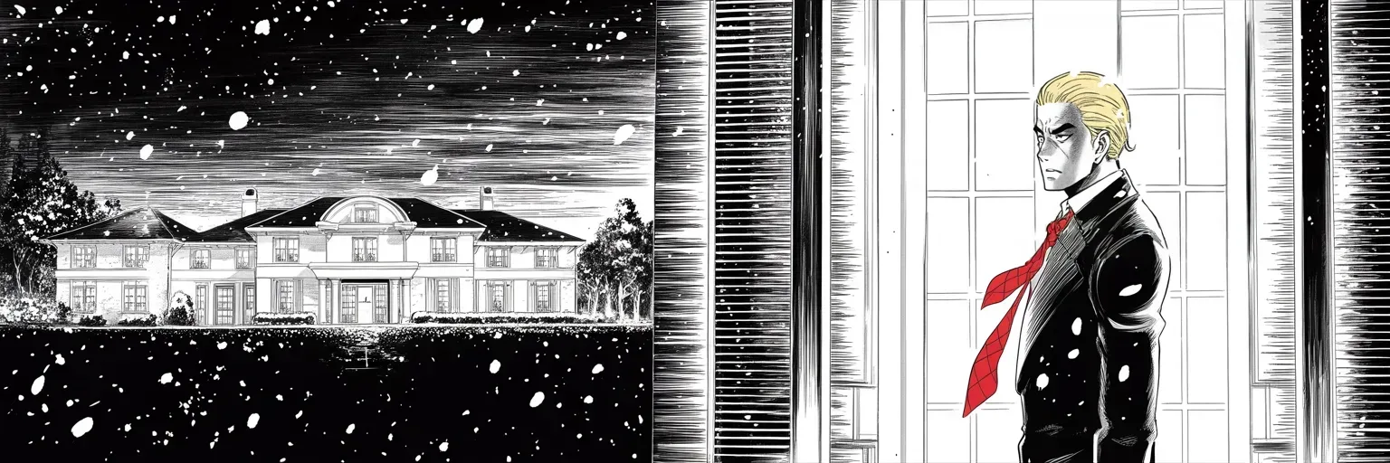 Manga panel 4 of 4, Week 89 “The Siege”: Seen from the dark lawn through falling snow, Donarudo stands alone at a lit window insisting the Russia talk is fake news.