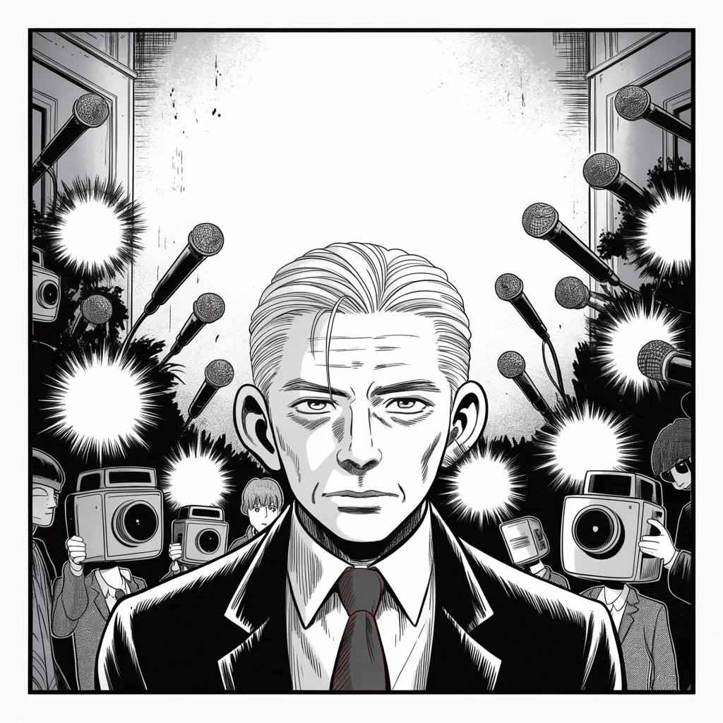 Manga panel 2 of 5, Week 90 “The Wires”: The little silver-haired councilor of the law stands alone before the press thicket as the recusal storm breaks over him.