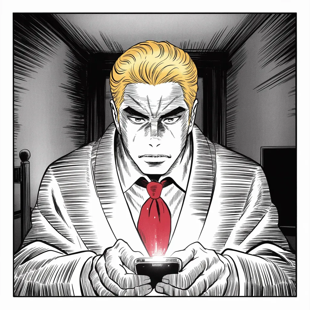 Manga panel 3 of 5, Week 90 “The Wires”: At dawn Donarudo grips the glowing phone with both thumbs and fires the accusation that will name the chapter: his wires were tapped.