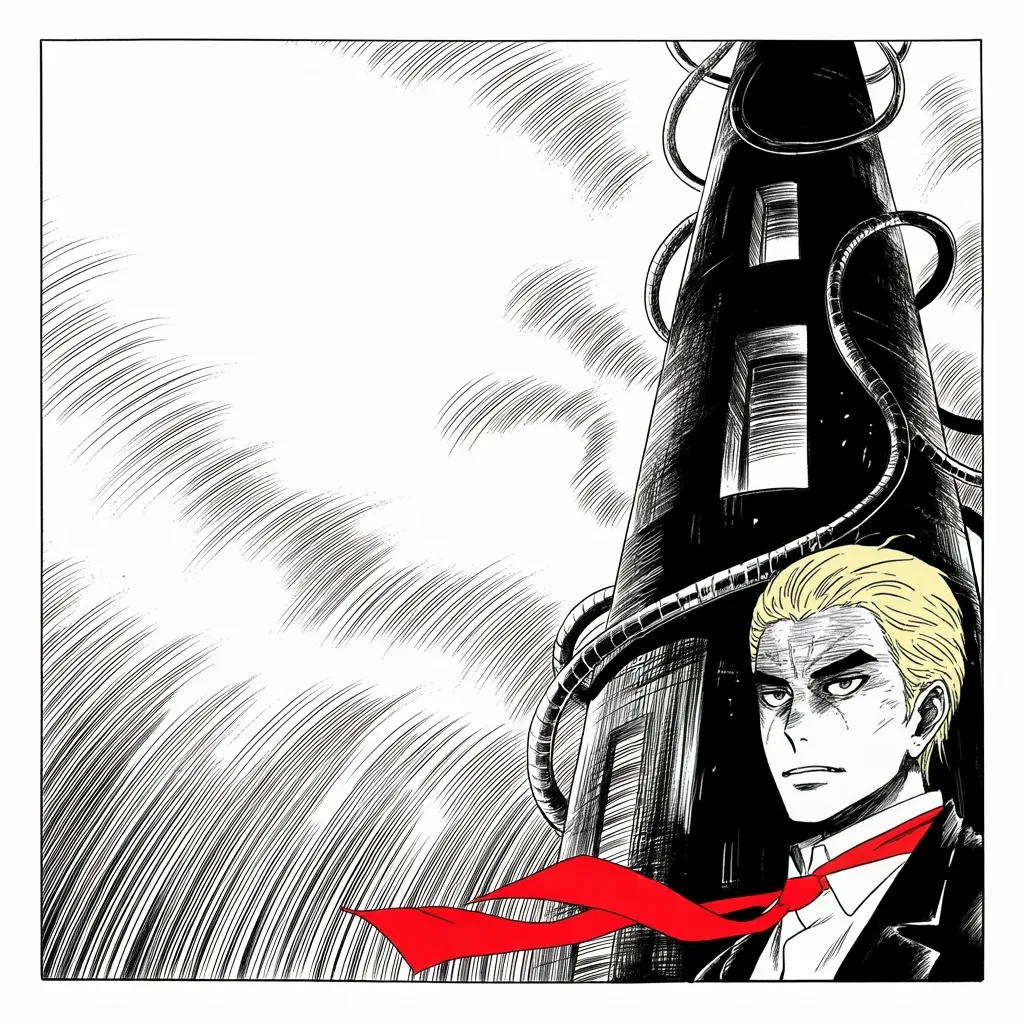 Manga panel 4 of 5, Week 90 “The Wires”: In his telling the tower itself is wrapped in listening wires, coiled like serpents around the fortress that won the war.