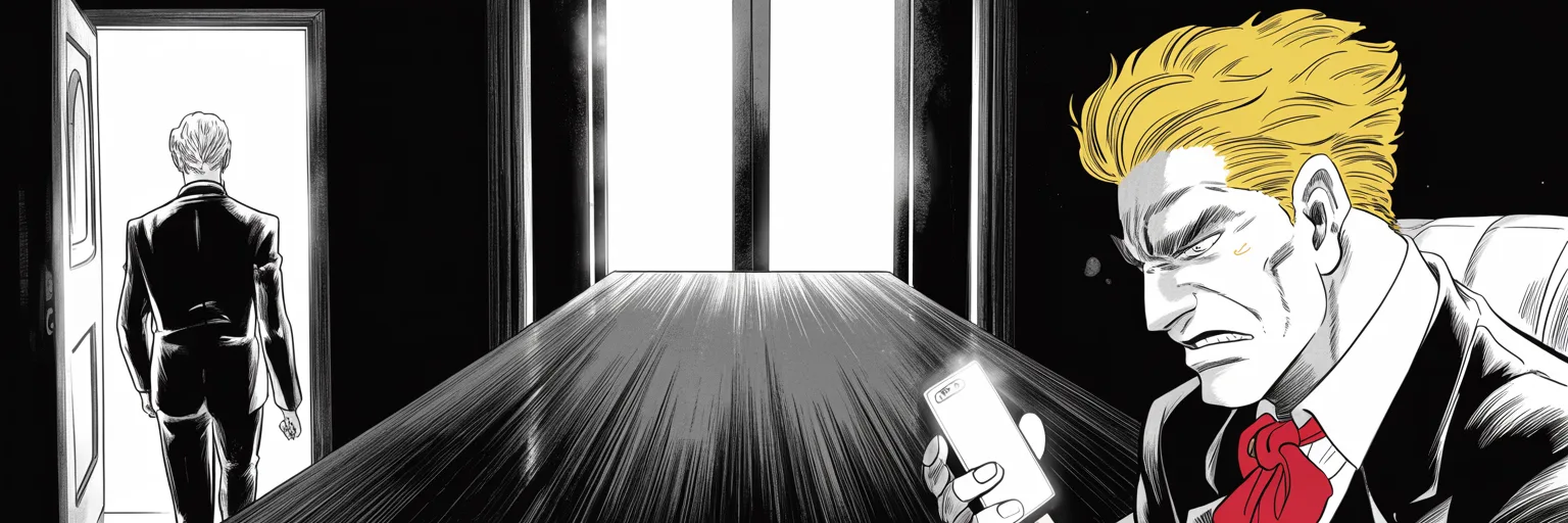 Manga panel 5 of 5, Week 90 “The Wires”: Alone at the long table Donarudo hurls the question after the departing king, who walks out of the story without turning around.