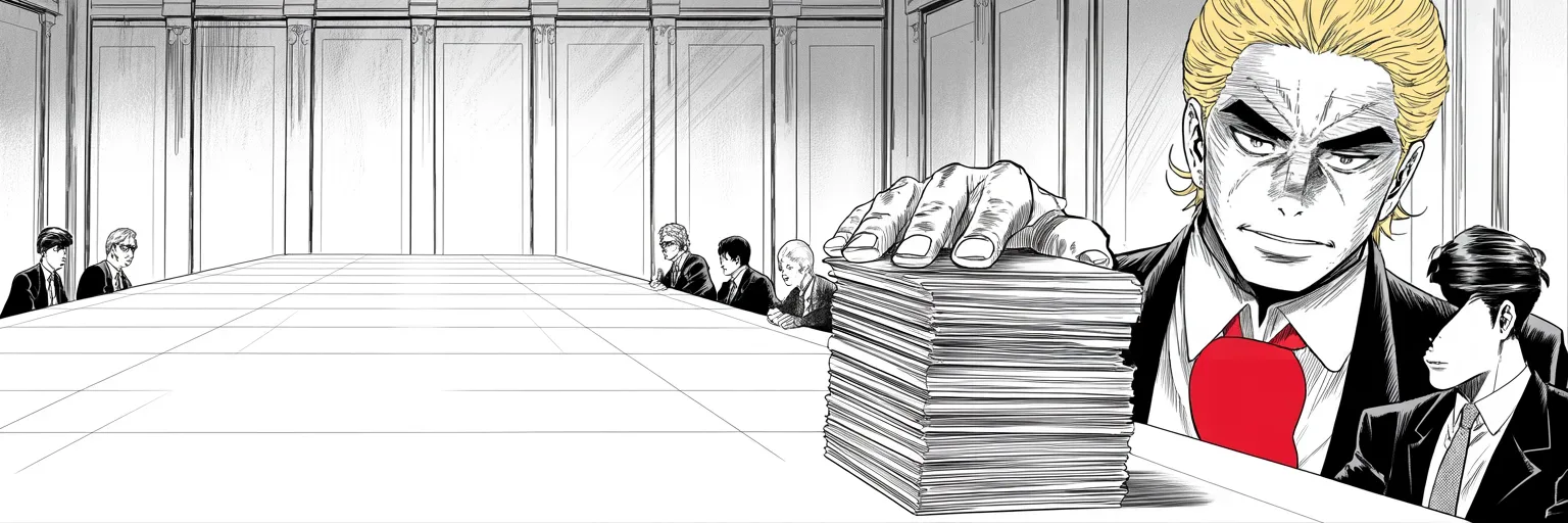 Manga panel 1 of 4, Week 91 “The Beautiful Picture”: Donarudo slams his palm on the towering healthcare bill as the second great campaign of the reign — the repeal — is declared open.
