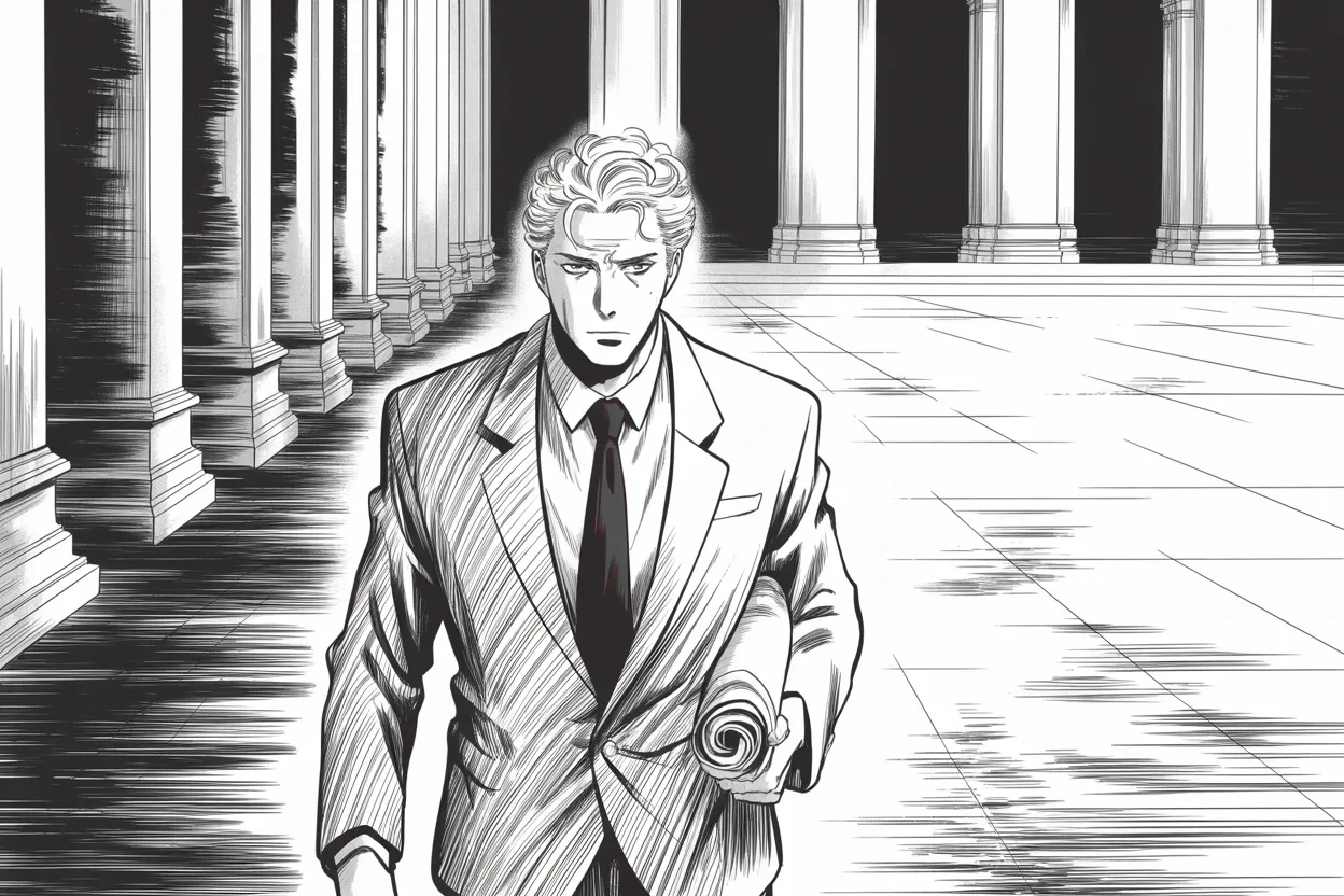 Manga panel 2 of 4, Week 91 “The Beautiful Picture”: A curly-haired senator walks away down the colonnade with the bill under his arm, unconvinced — the first crack in the repeal line.