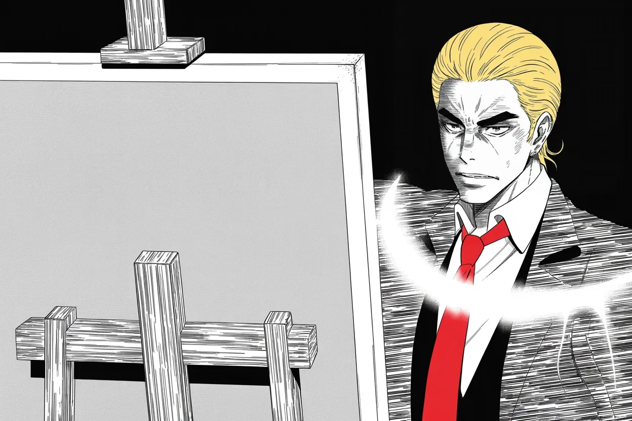 Manga panel 3 of 4, Week 91 “The Beautiful Picture”: Brush in hand before an almost empty canvas, Donarudo paints the beautiful picture of a healthcare victory that only he can see.