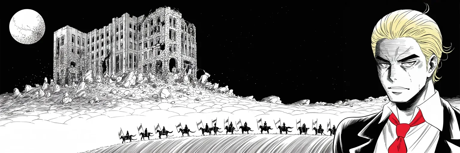 Manga panel 4 of 4, Week 91 “The Beautiful Picture”: The old health-law citadel crumbles into the cracked earth while the banners of the repeal army gather on the far ridge.
