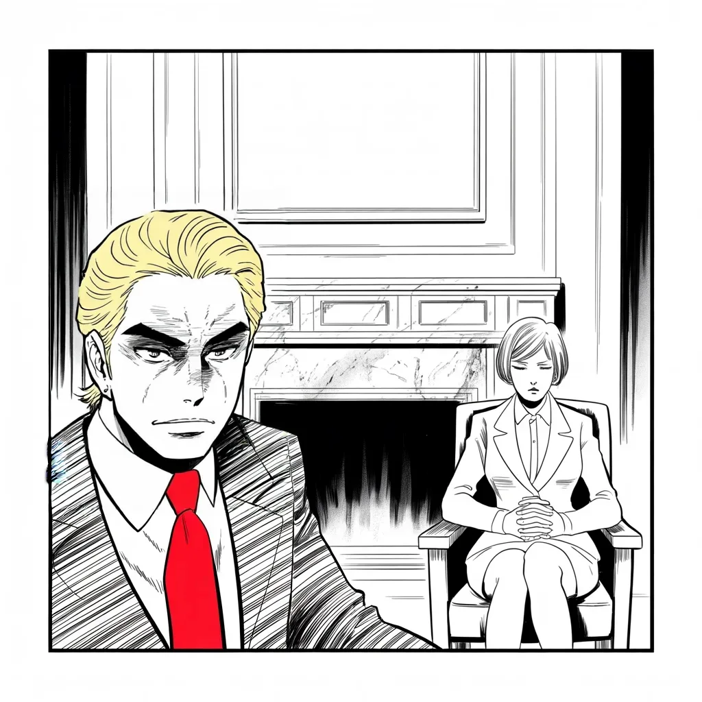 Manga panel 2 of 5, Week 92 “Vast Sums”: Donarudo and the matronly stateswoman of the old continent sit side by side before a cold fireplace, hands folded, eyes forward, no handshake.