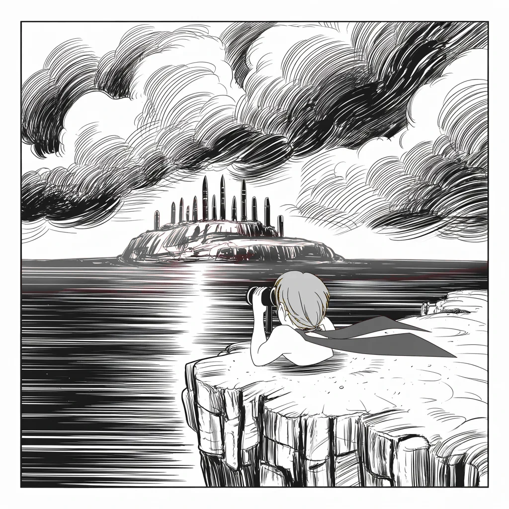 Manga panel 4 of 5, Week 92 “Vast Sums”: Across the sea the missile-bristling peninsula stirs, its small watcher on the cliff turned away toward his rockets.
