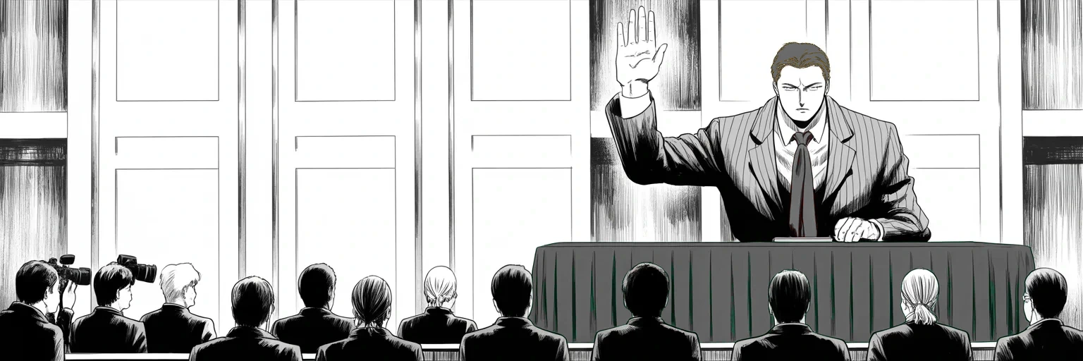 Manga panel 5 of 5, Week 92 “Vast Sums”: The towering marshal of the federal bureau raises his hand before Congress and confirms an investigation into the campaign — and no evidence of any wiretap.