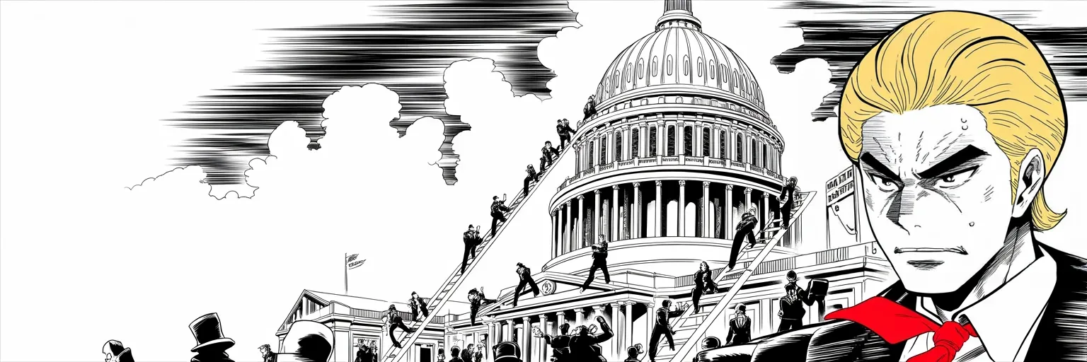 Manga panel 1 of 4, Week 93 “The Jaws of Victory”: Donarudo directs the siege of the Capitol from his command tent as paper ladders of the healthcare bill go up against the dome.