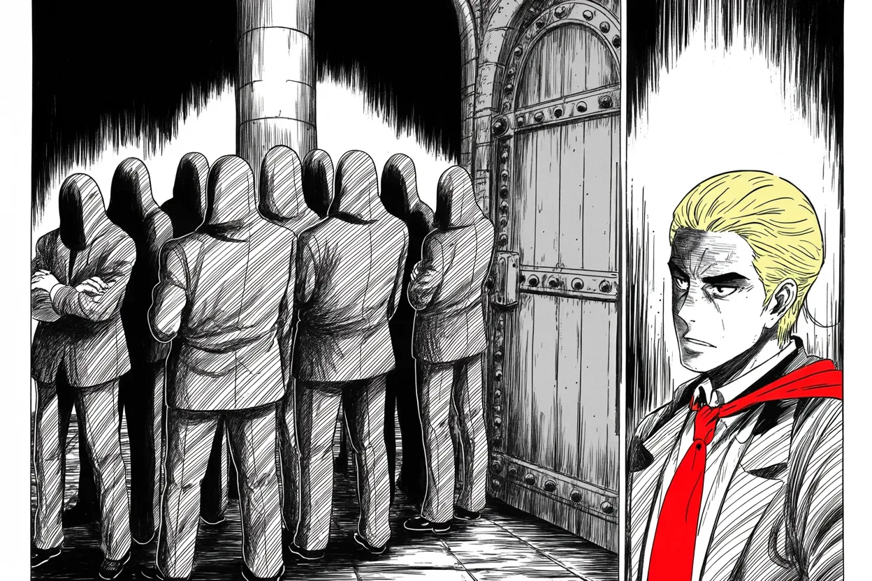 Manga panel 2 of 4, Week 93 “The Jaws of Victory”: The hooded brotherhood of the party's hard flank stands arms-crossed before the great door, refusing to let the bill pass.