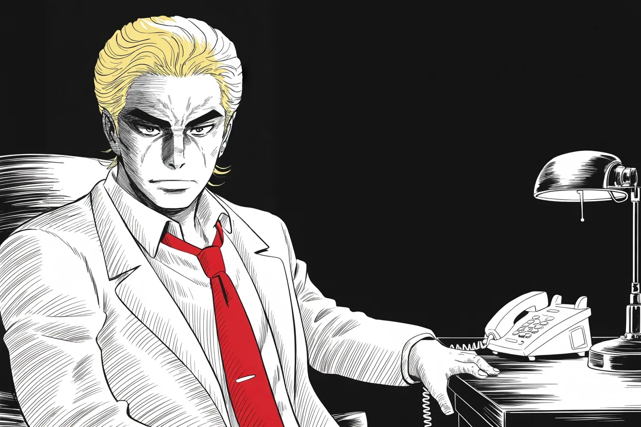Manga panel 3 of 4, Week 93 “The Jaws of Victory”: Twenty-six minutes before the vote the call is made and the bill is pulled; Donarudo sits alone with his hand still on the receiver.