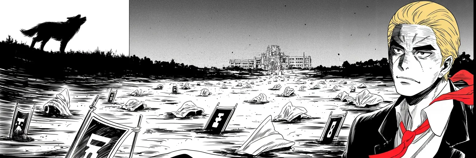 Manga panel 4 of 4, Week 93 “The Jaws of Victory”: Banners lie in the mud after the retreat while a lone wolf on the ridge howls at the citadel that did not fall.