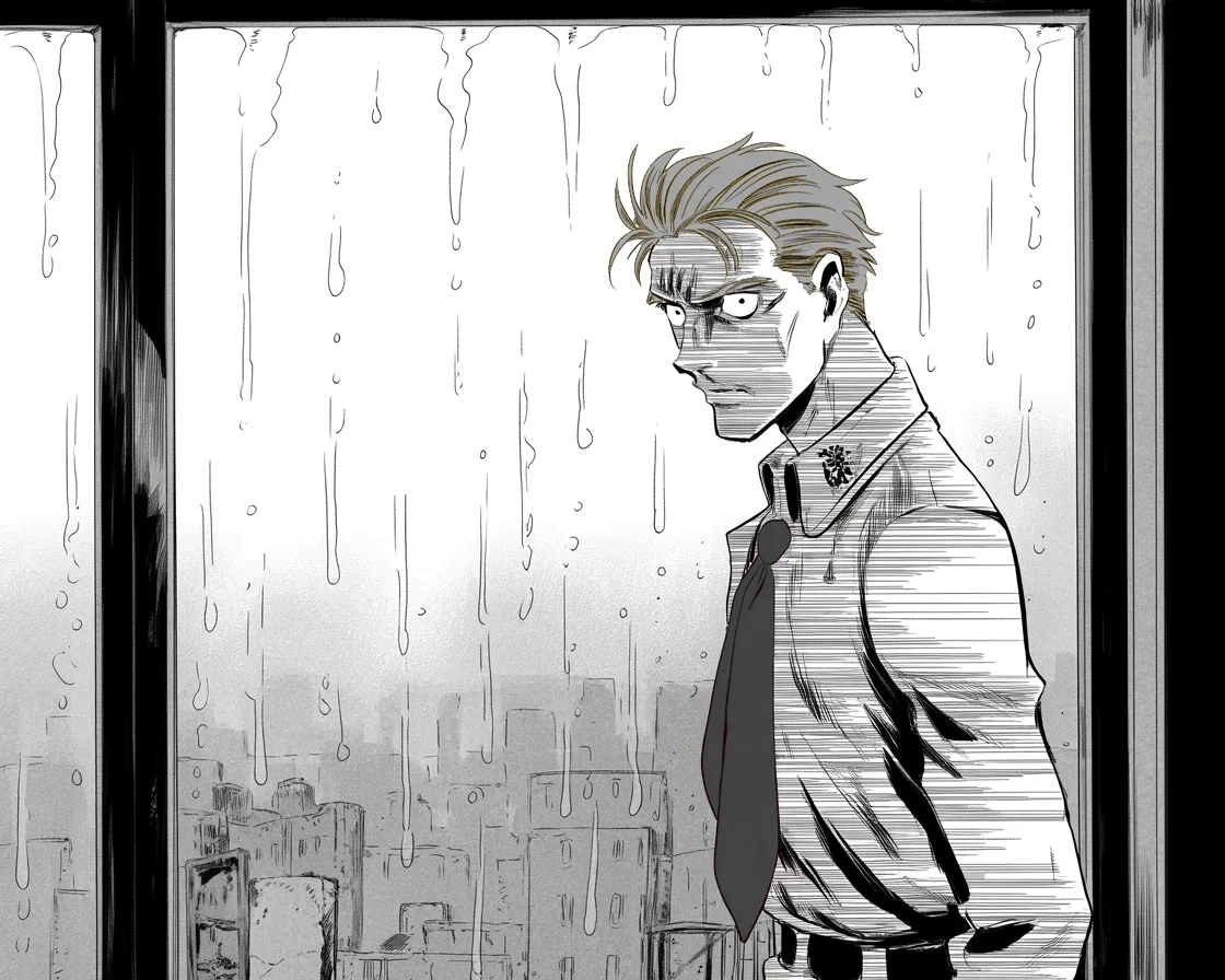 Manga panel 2 of 4, Week 94 “Find the Leakers”: The gaunt old soldier of the fallen guard stares through a rain-streaked window as his king suggests he ask for immunity.