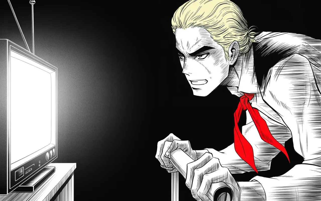 Manga panel 3 of 4, Week 94 “Find the Leakers”: Donarudo leans into the television's glow, gripping the armrests, as the unmasking story he has waited for finally airs.