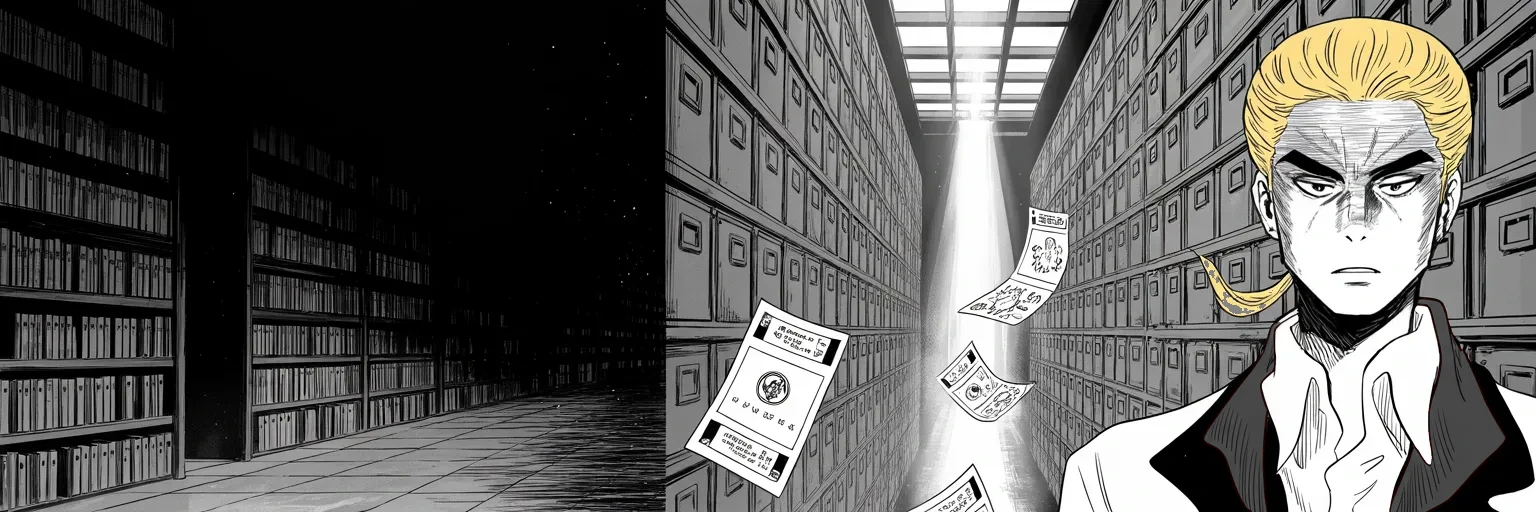 Manga panel 4 of 4, Week 94 “Find the Leakers”: Classified pages spiral up through a shaft of light and out of the great archive — the leaks he vows to hunt down.