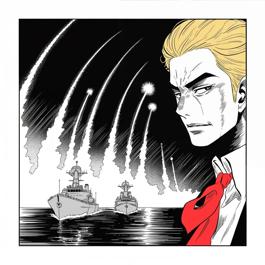 Manga panel 2 of 5, Week 95 “Fifty-Nine Arrows”: From two destroyers on a black sea, fifty-nine arrows of fire rise toward the airfield that gassed the children.